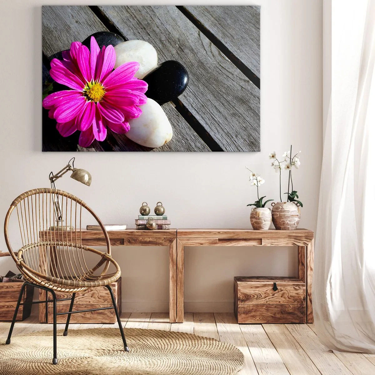 Obraz na plátně - Růžový květ na pozadí dřevěných desek s kameny - 70x50cm - Odpočinek na molu - Moderní nástěnná dekorace do obývacího pokoje a ložnice ARTTOR