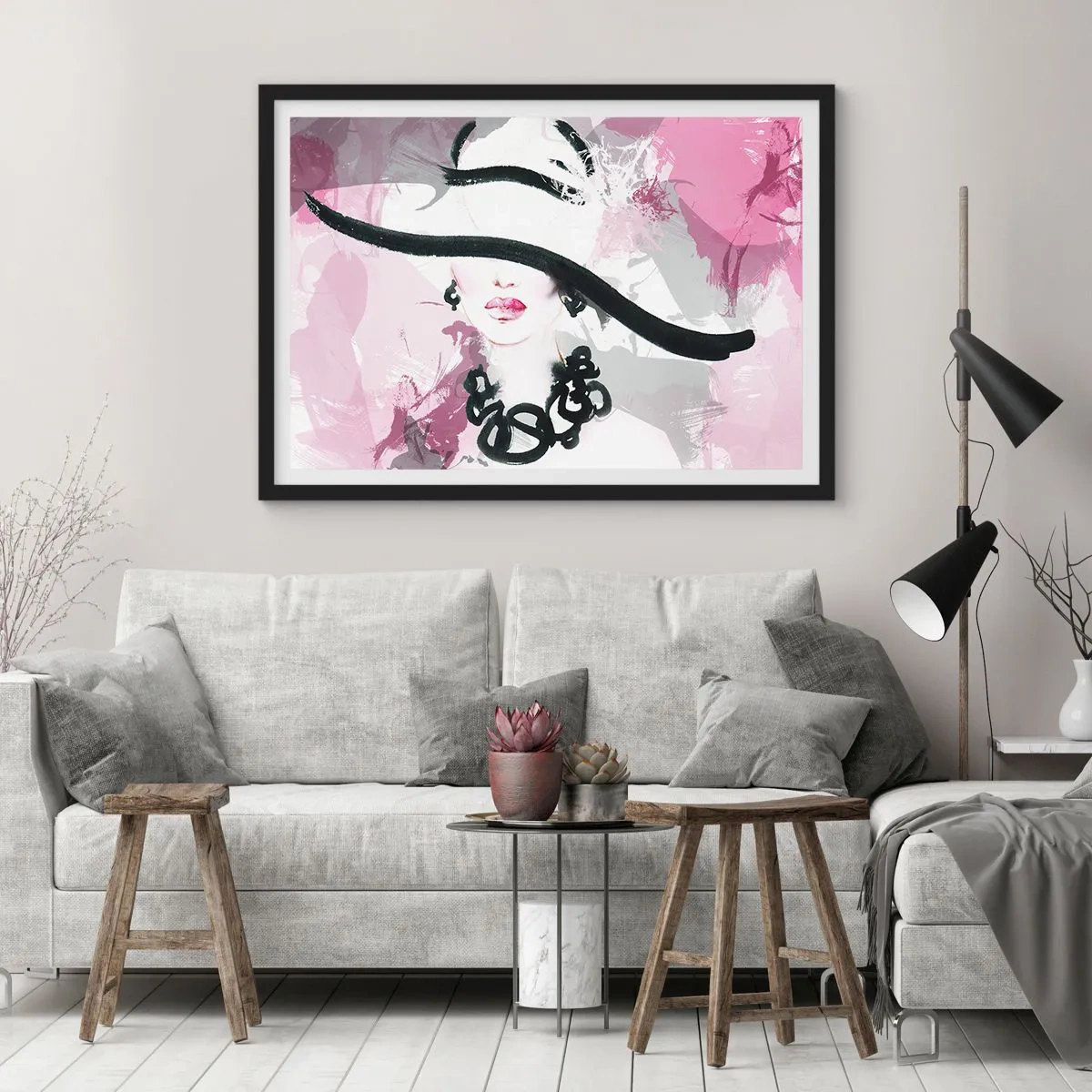 Plakát v černém rámu - Portrét dámy v černé a růžové - 70x50 cm