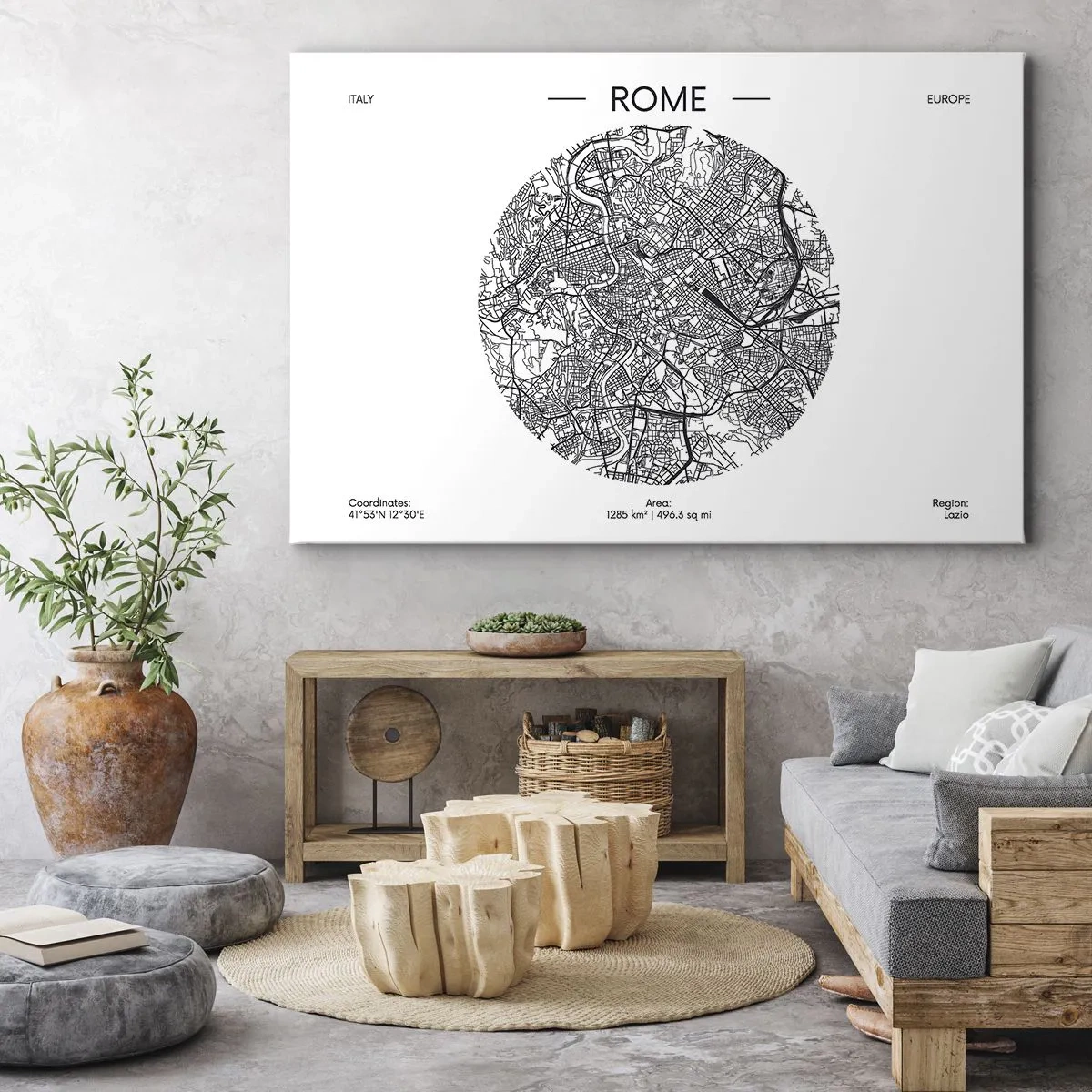 Obraz na plátně - Mapa Říma v minimalistickém, černobílém stylu - 70x50cm - Anatomie Říma - Moderní nástěnná dekorace do obývacího pokoje a ložnice ARTTOR