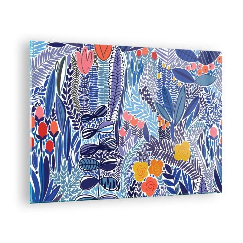 Obraz na skle - Barevná rostlinná kompozice v tropickém stylu - 70x50cm - Havajská zahrada - Moderní nástěnná dekorace do obývacího pokoje a ložnice ARTTOR