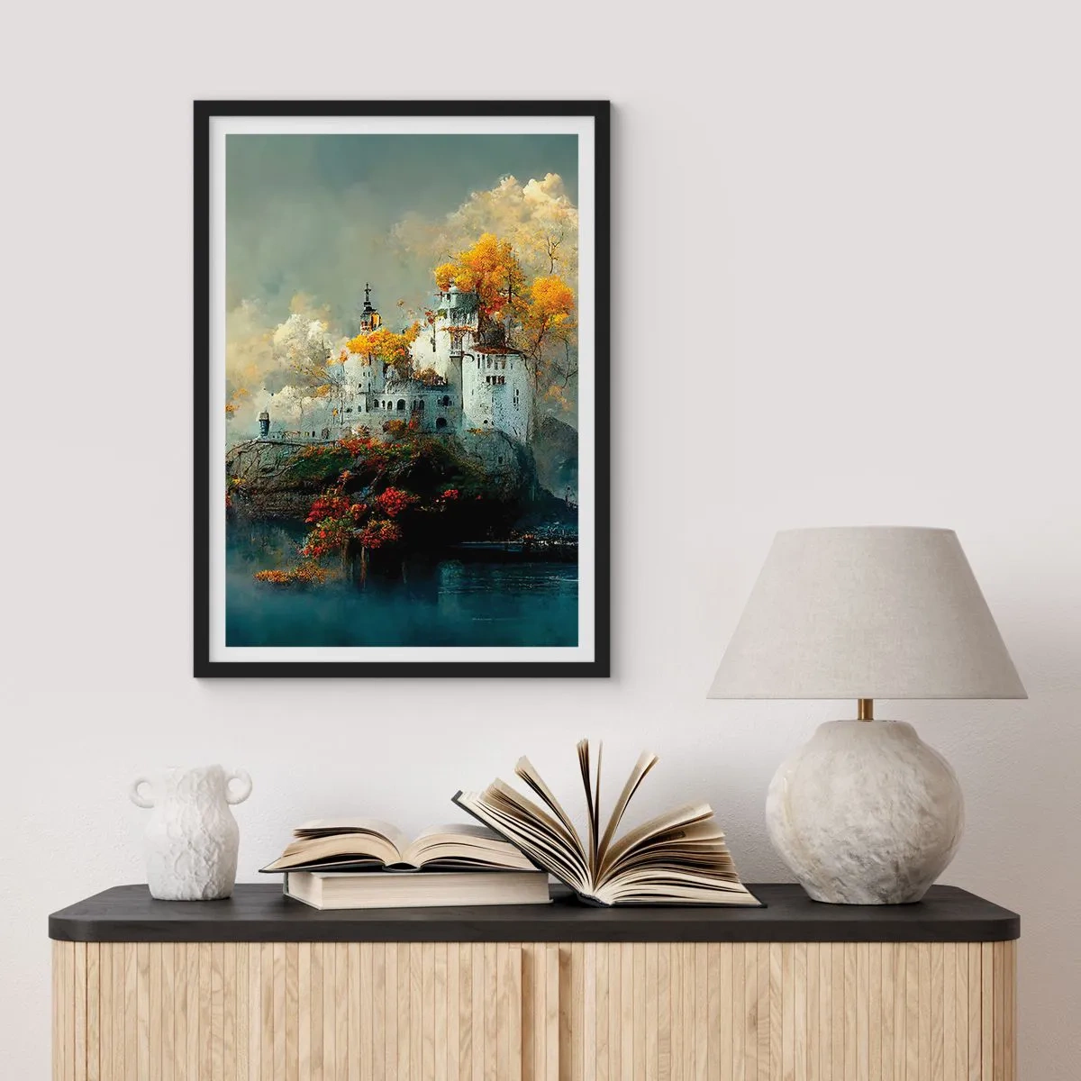 Plakát v černém rámu - Hrad na skále obklopený podzimní krajinou - 50x70cm - Začátek romantického příběhu - Moderní nástěnná dekorace do obývacího pokoje a ložnice ARTTOR