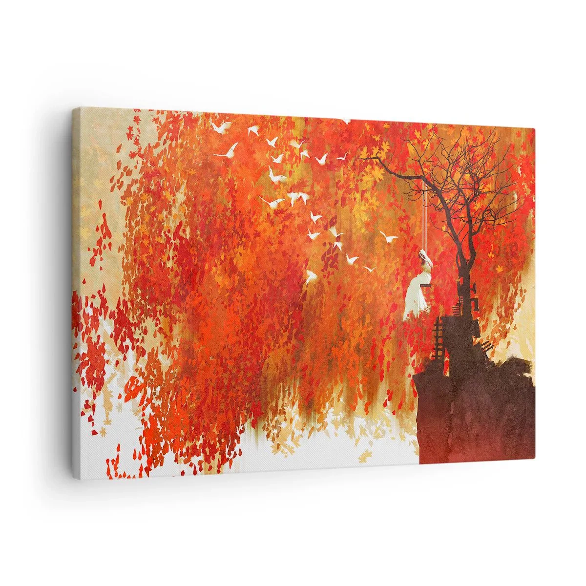 Obraz na plátně - Postava na houpačce u stromu obklopeného červenými listy - 70x50cm - Poletí s nimi? - Moderní nástěnná dekorace do obývacího pokoje a ložnice ARTTOR