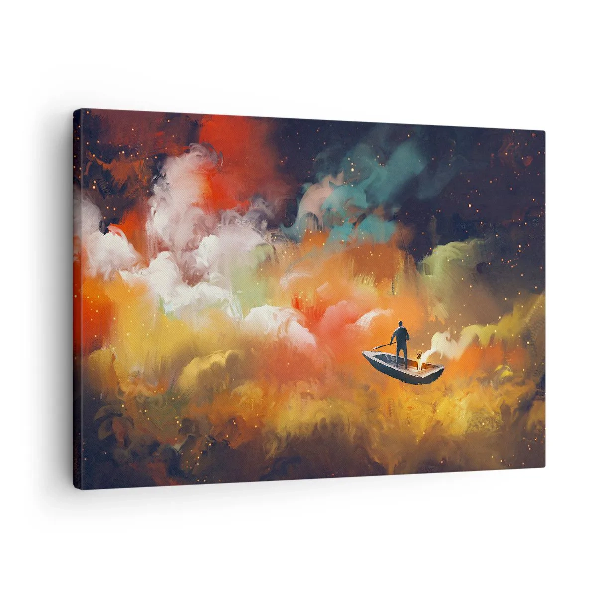 Obraz na plátně - Postava v lodi na pozadí barevných mraků - 70x50cm - Lodí galaxií - Moderní nástěnná dekorace do obývacího pokoje a ložnice ARTTOR