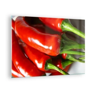 Obraz na skle - Červené chilli papričky se zelenými stonky - 70x50cm - Šťavnaté, lesklé, hladké - Moderní nástěnná dekorace do obývacího pokoje a ložnice ARTTOR