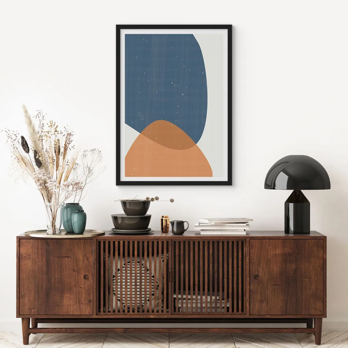 Plakát v černém rámu - Geometrie v odstínech modré a béžové - 50x70cm - Ovály a vlivy - Moderní nástěnná dekorace do obývacího pokoje a ložnice ARTTOR