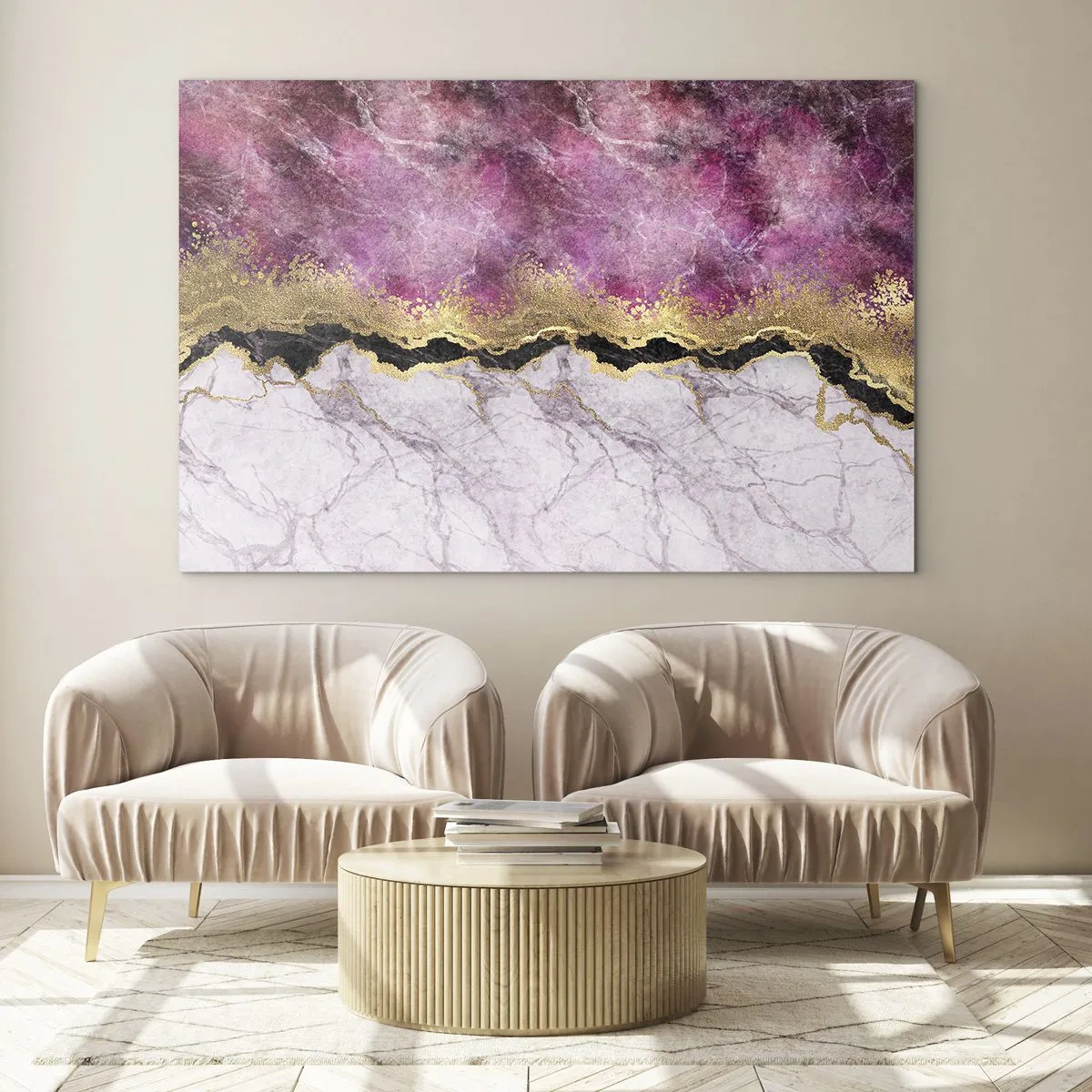 Obraz na skle - Abstraktní mramorová kompozice se zlatými a fialovými akcenty - 70x50cm - Na hranici - Moderní nástěnná dekorace do obývacího pokoje a ložnice ARTTOR