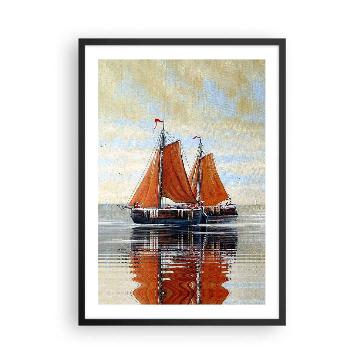 Plakát v černém rámu - Plachetnice na klidné vodě s červenými plachtami - 50x70cm - Pluj, námořníku… - Moderní nástěnná dekorace do obývacího pokoje a ložnice ARTTOR