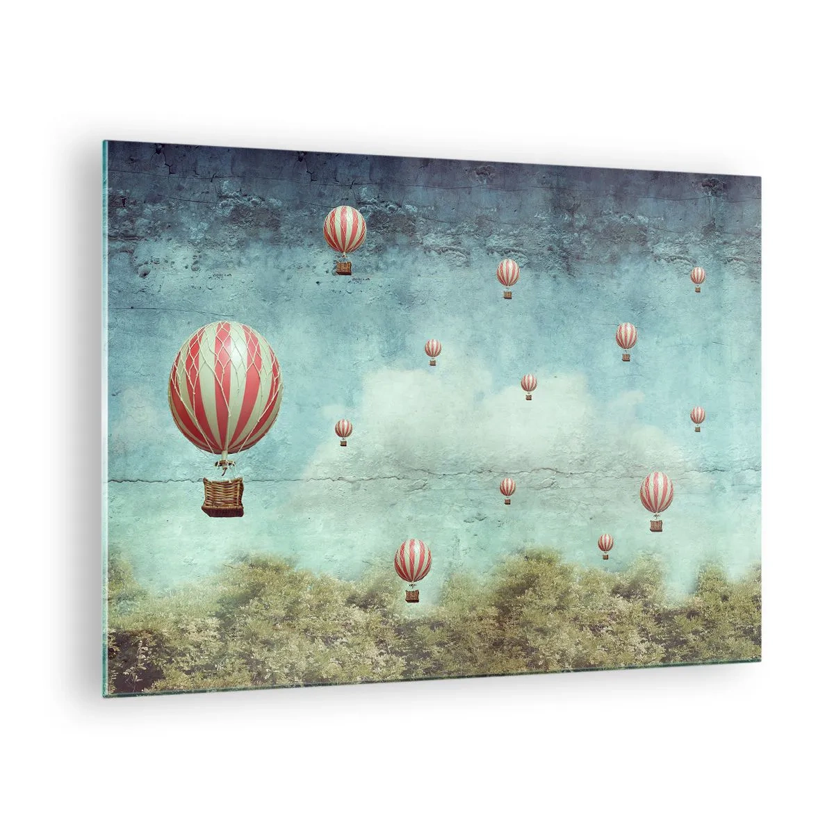 Obraz na skle - Balóny vznášející se nad zelenou krajinou - 70x50cm - Osvobozeni od shonu života - Moderní nástěnná dekorace do obývacího pokoje a ložnice ARTTOR