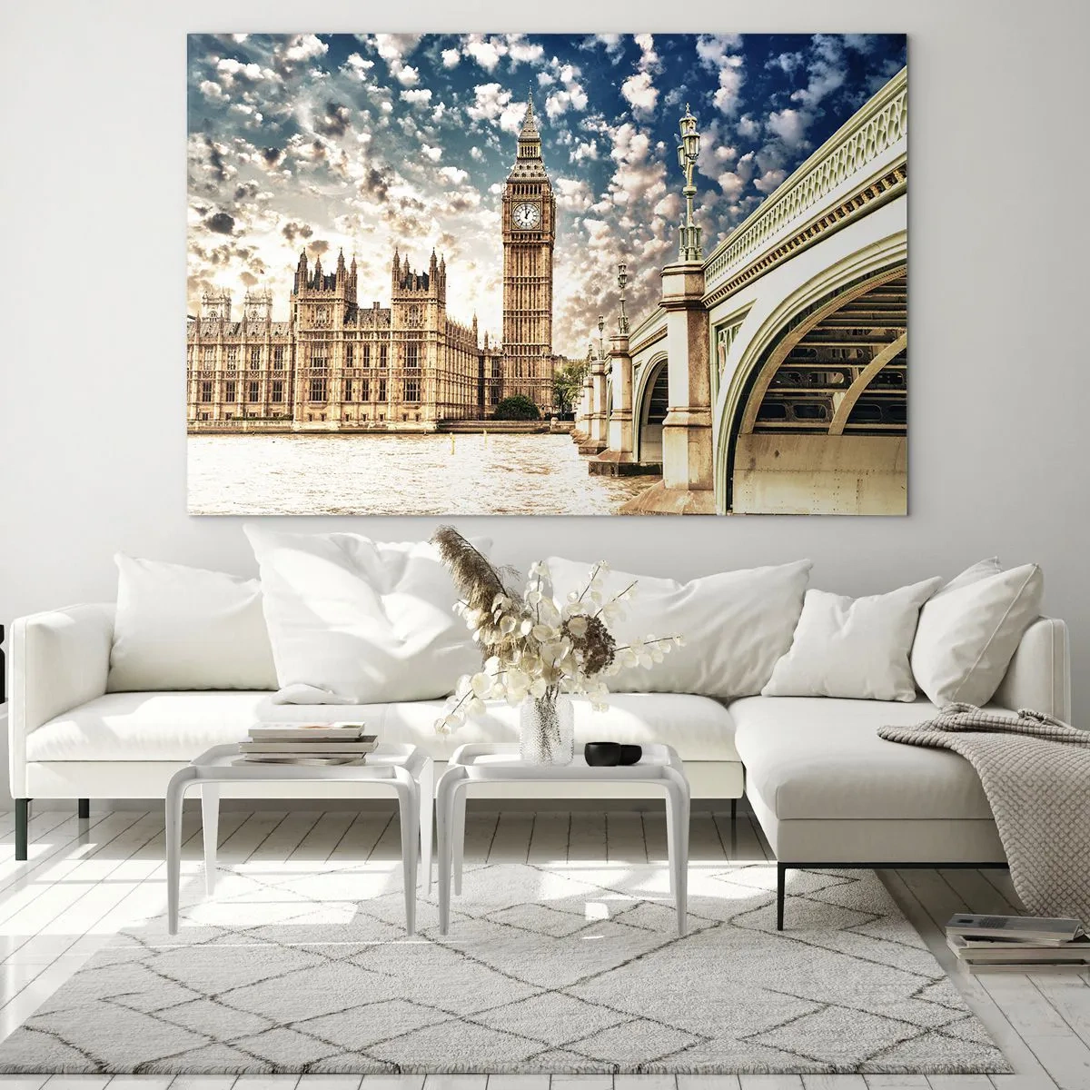 Obraz na skle - Big Ben a Westminsterský most v Londýně - 70x50cm - Peřové oblaky nad Temží - Moderní nástěnná dekorace do obývacího pokoje a ložnice ARTTOR