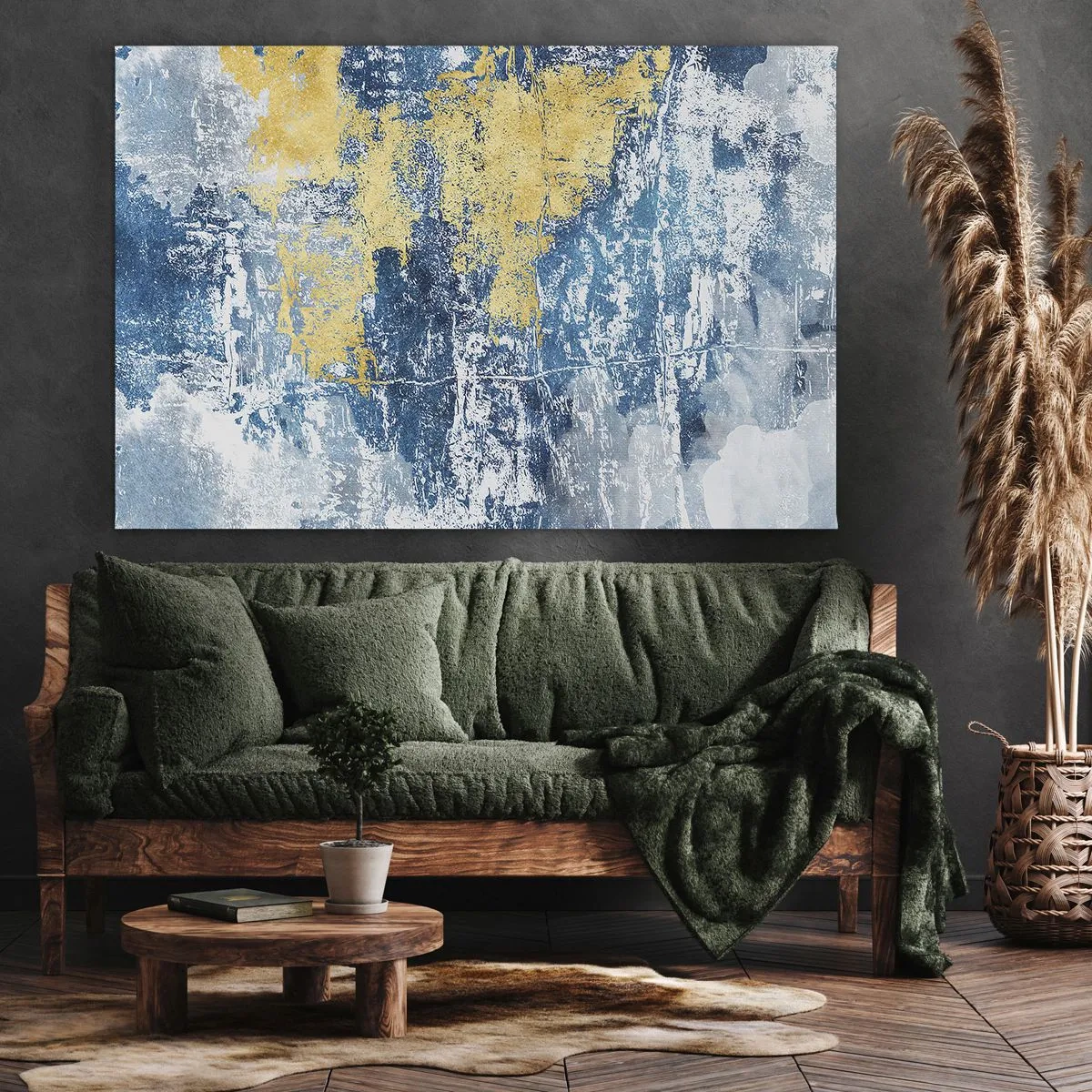 Obraz na plátně - Abstrakce v odstínech modré a žluté - 70x50cm - Abstrakce s dobrou náladou - Moderní nástěnná dekorace do obývacího pokoje a ložnice ARTTOR