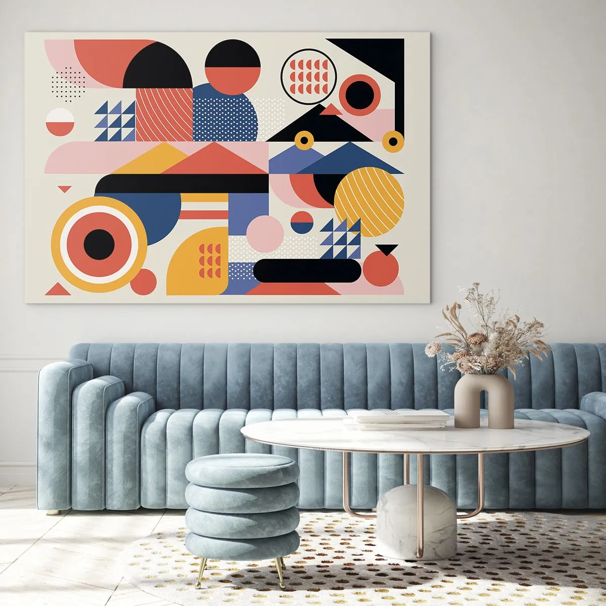 Obraz na skle - Barevná geometrická abstrakce s kruhy a trojúhelníky - 70x50cm - Kompozice: pojďme si hrát - Moderní nástěnná dekorace do obývacího pokoje a ložnice ARTTOR