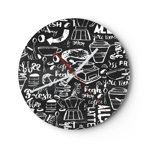 Nástěnné hodiny - Kávový motiv ve stylu křídové kresby na černém pozadí - 30x30cm - All you need is… - Moderní nástěnná dekorace do obývacího pokoje, kuchyně a ložnice ARTTOR