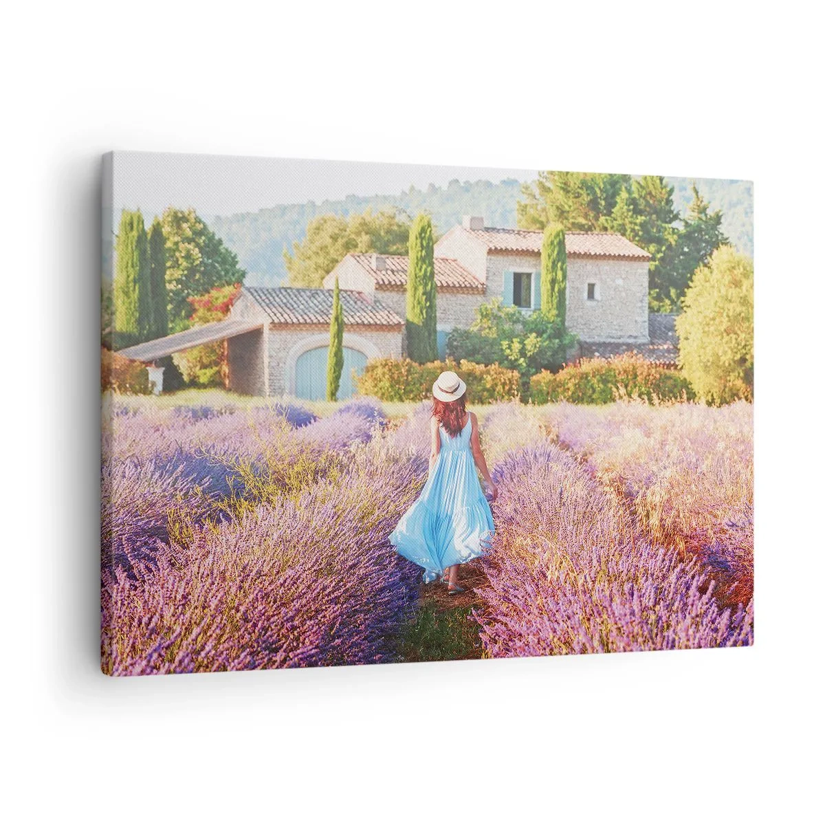 Obraz na plátně - Žena v modrých šatech prochází levandulovým polem s výhledem na dům. - 70x50cm - Levandulová dívka - Moderní nástěnná dekorace do obývacího pokoje a ložnice ARTTOR