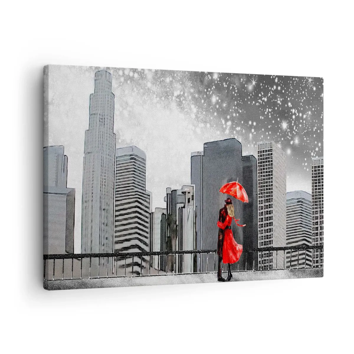 Obraz na plátně - Pár v červeném s deštníkem na pozadí městské krajiny - 70x50cm - Člověk není kámen - Moderní nástěnná dekorace do obývacího pokoje a ložnice ARTTOR