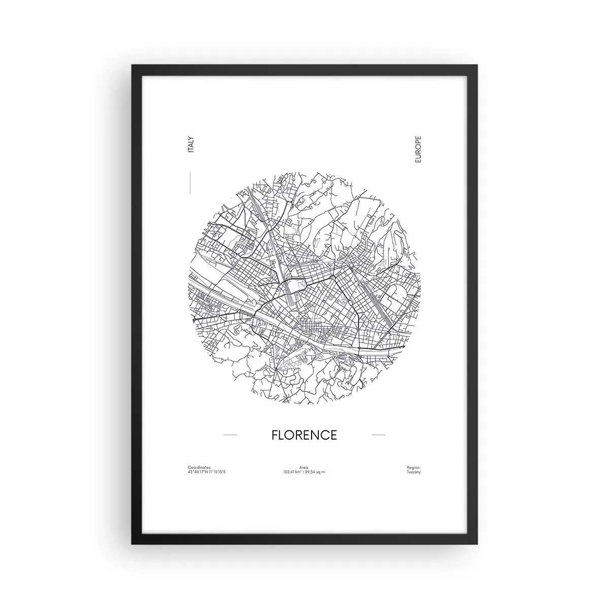 Plakát v černém rámu - Minimalistická mapa Florencie v černé a bílé barvě. - 50x70cm - Anatomie Florencie - Moderní nástěnná dekorace do obývacího pokoje a ložnice ARTTOR