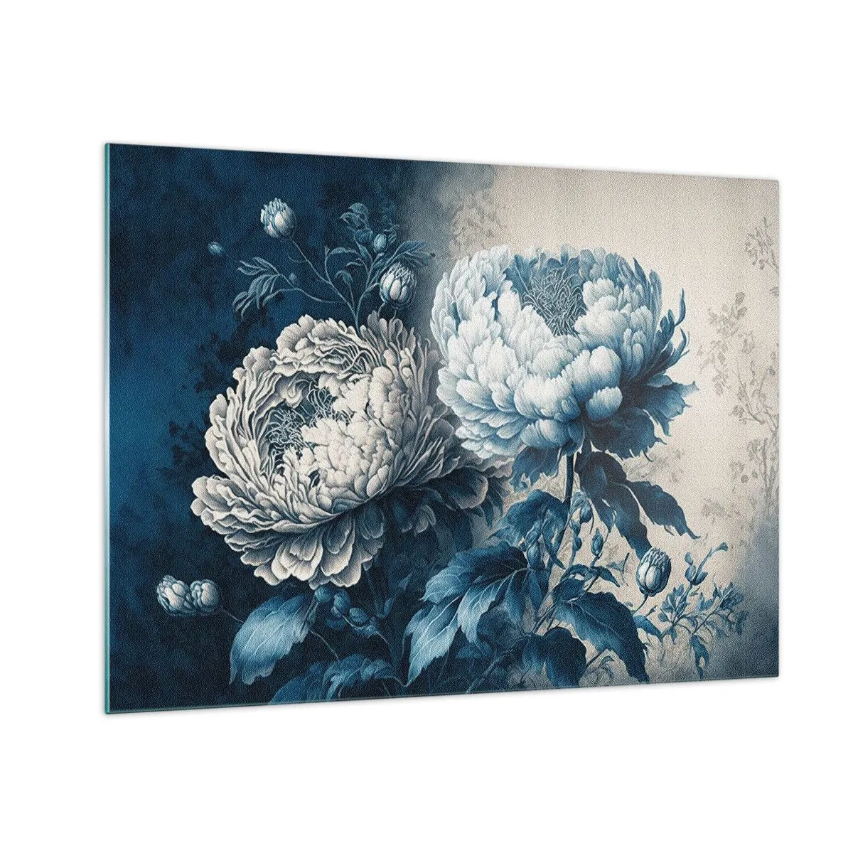 Obraz na skle - Dvoubarevné pivoňky v odstínech modré a béžové na vintage pozadí - 70x50cm - Shodný pár - Moderní nástěnná dekorace do obývacího pokoje a ložnice ARTTOR