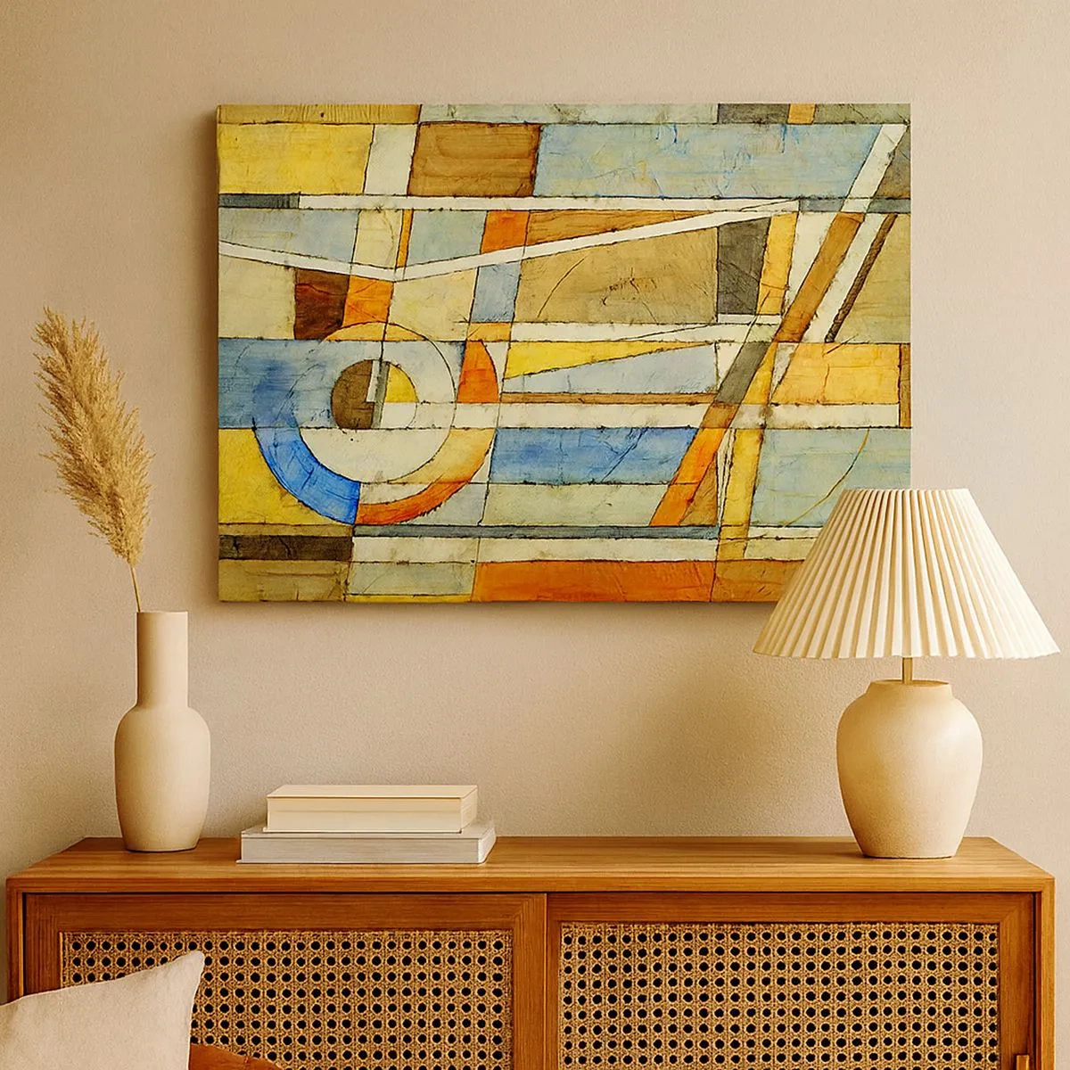 Obraz na plátně - Geometrická abstrakce v odstínech béžové, modré a oranžové - 70x50cm - Kubismus na stavbě - Moderní nástěnná dekorace do obývacího pokoje a ložnice ARTTOR