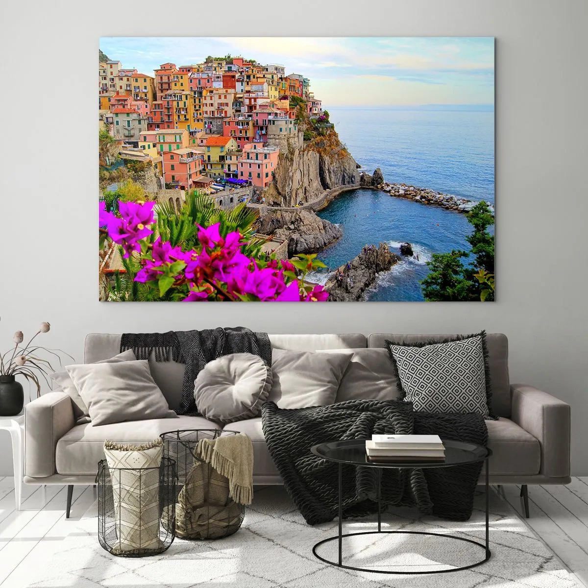Obraz na skle - Barevné domy na útesu s výhledem na moře - 70x50cm - Usměvavé město - Moderní nástěnná dekorace do obývacího pokoje a ložnice ARTTOR