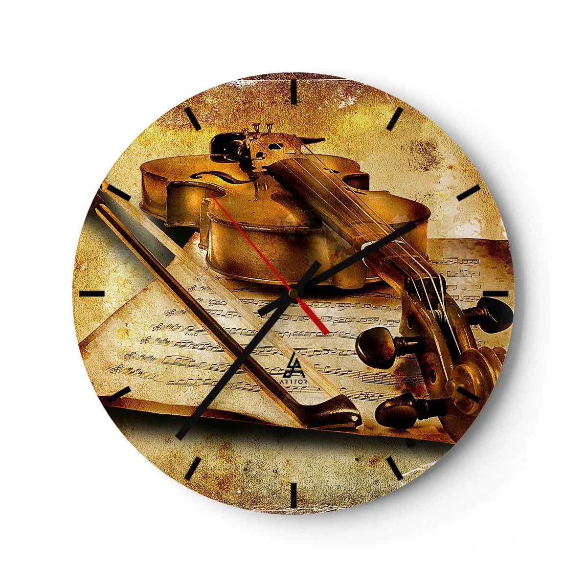 Nástěnné hodiny - Houslový motiv s hudebními notami na zlatém pozadí - 30x30cm - Okamžitě potřebný virtuóz - Moderní nástěnná dekorace do obývacího pokoje, kuchyně a ložnice ARTTOR