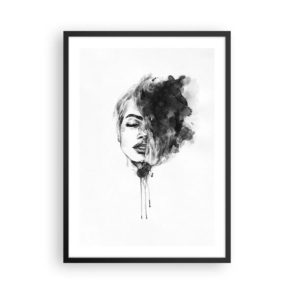 Plakát v černém rámu - Portrét ženy v černobílém akvarelu - 50x70cm - O čem sní dívka - Moderní nástěnná dekorace do obývacího pokoje a ložnice ARTTOR