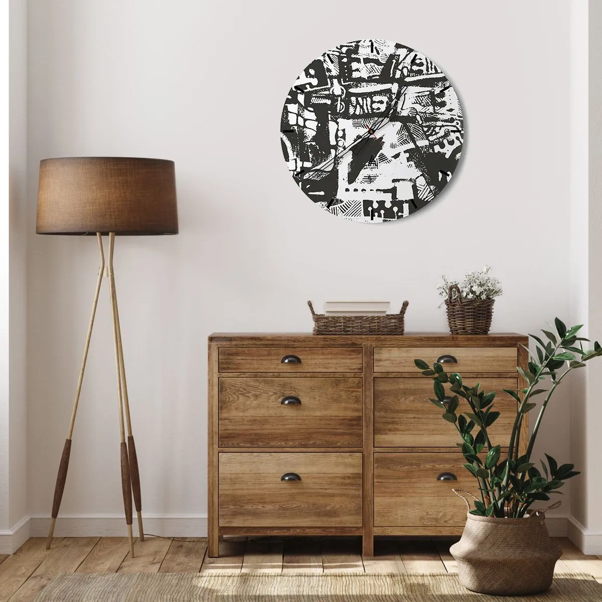 Nástěnné hodiny - Černobílý abstraktní vzor s geometrickými tvary - 30x30cm - Pořádek nebo chaos? - Moderní nástěnná dekorace do obývacího pokoje, kuchyně a ložnice ARTTOR