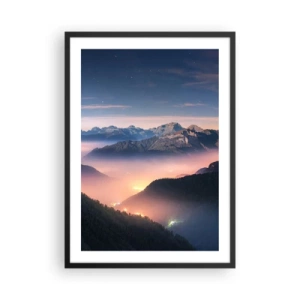 Plakát v černém rámu - Kouzelný výhled na horská údolí osvětlená nočním světlem - 50x70cm - Světlo v údolích - Moderní nástěnná dekorace do obývacího pokoje a ložnice ARTTOR