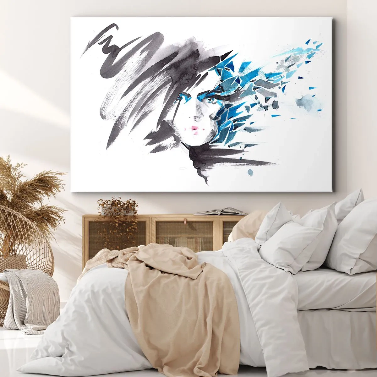 Obraz na plátně - Umělecké akvarelové malování na obličej s modrými akcenty - 70x50cm - Smyslný portrét v šedé a modré - Moderní nástěnná dekorace do obývacího pokoje a ložnice ARTTOR