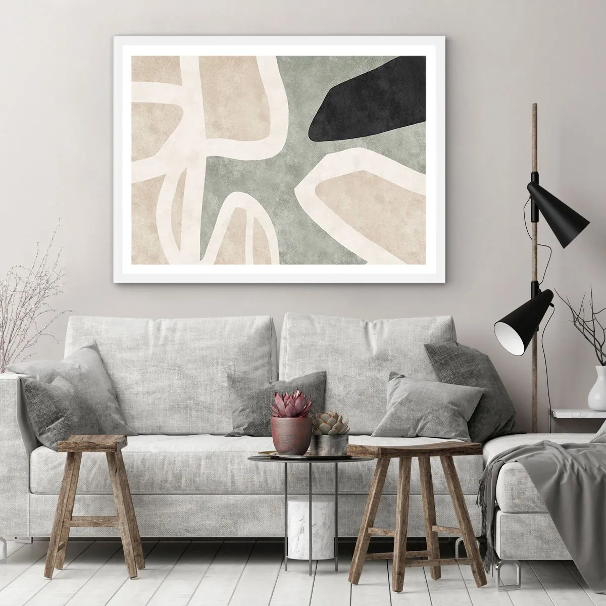 Plakát v bílém rámu - Kompozice s černým motivem - 100x70 cm