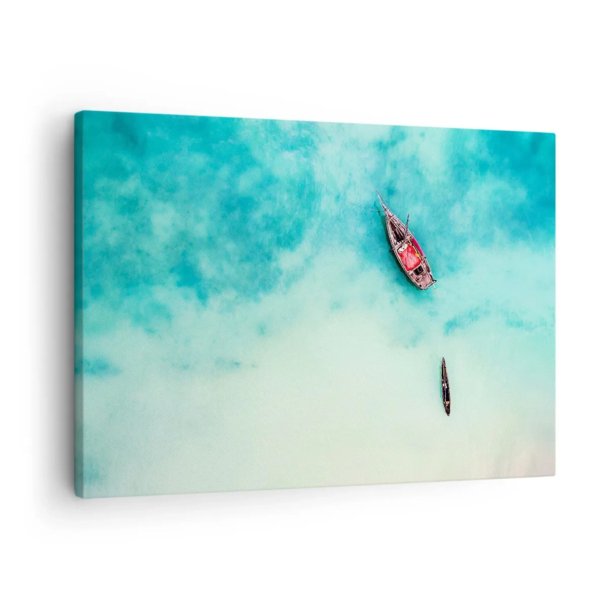 Obraz na plátně - Lodě na tyrkysové vodě z ptačí perspektivy - 70x50cm - Protože na plážích Zanzibaru, když je přebytek vody… - Moderní nástěnná dekorace do obývacího pokoje a ložnice ARTTOR