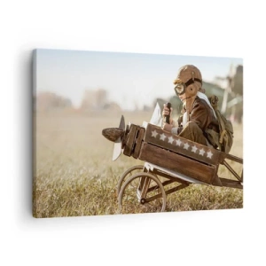 Obraz na plátně - Dítě v hračkovém letadle s polem v pozadí - 70x50cm - Start do snů - Moderní nástěnná dekorace do obývacího pokoje a ložnice ARTTOR