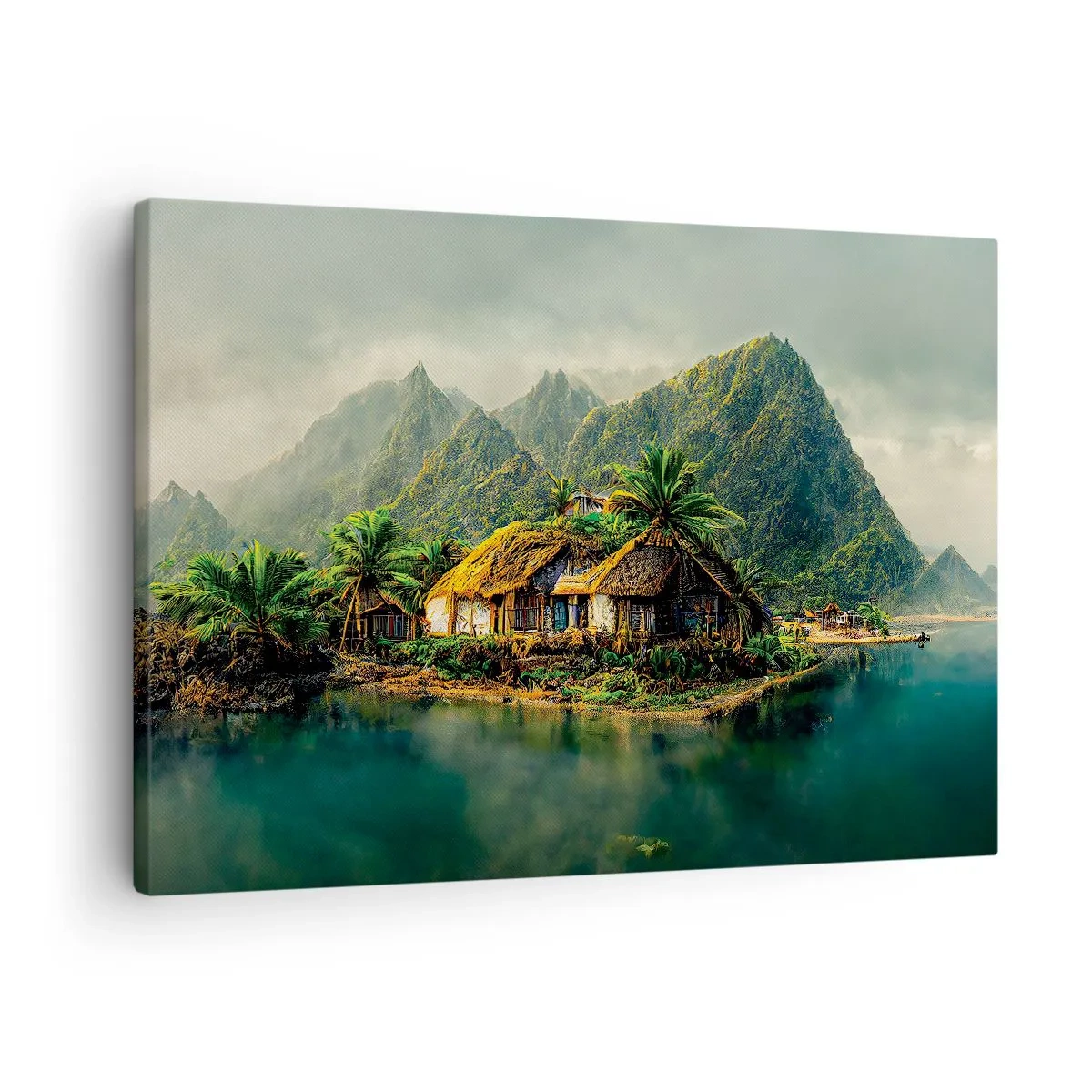 Obraz na plátně - Tropický ostrov s palmami a horami v pozadí - 70x50cm - Tropický ráj - Moderní nástěnná dekorace do obývacího pokoje a ložnice ARTTOR