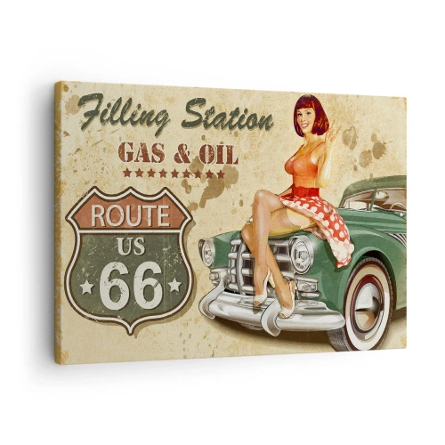 Obraz na plátně - Retro plakát Route 66 s pin-up girl a autem - 70x50cm - Skvělá 40. léta - Moderní nástěnná dekorace do obývacího pokoje a ložnice ARTTOR