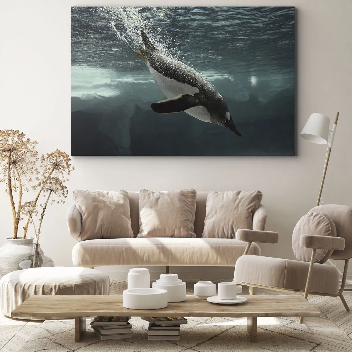Obraz na plátně - Tučňák se potápí do hlubin ledové vody - 70x50cm - Vítejte v mém světě - Moderní nástěnná dekorace do obývacího pokoje a ložnice ARTTOR