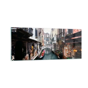 Obraz na skle - Benátská krajina s gondolou a můstkem - 100x40 cm