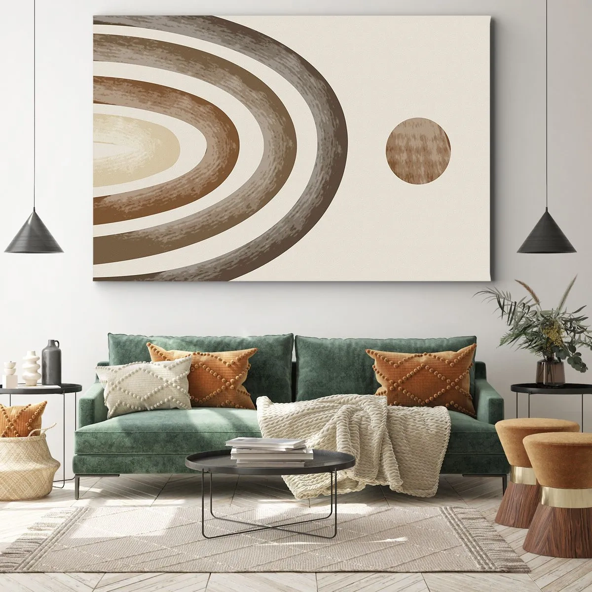 Obraz na plátně - Geometrický planetární motiv v odstínech hnědé - 70x50cm - V předaleké galaxii - Moderní nástěnná dekorace do obývacího pokoje a ložnice ARTTOR