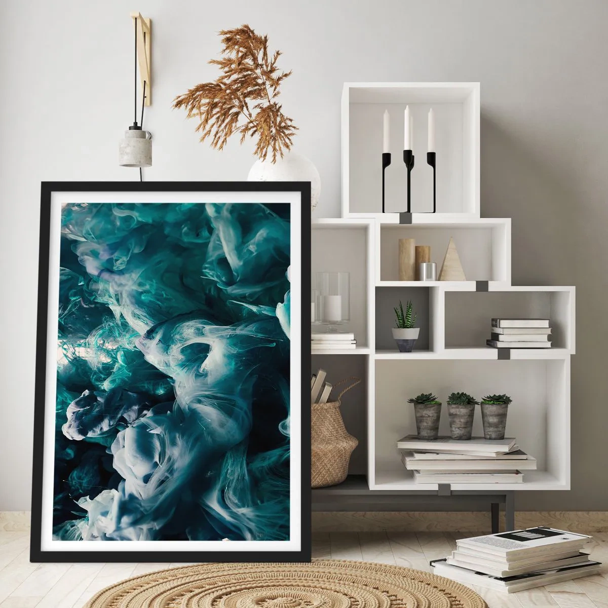 Plakát v černém rámu - Abstraktní kompozice vířících barev v odstínech zelené a modré. - 50x70cm - Pohyb barvy - Moderní nástěnná dekorace do obývacího pokoje a ložnice ARTTOR