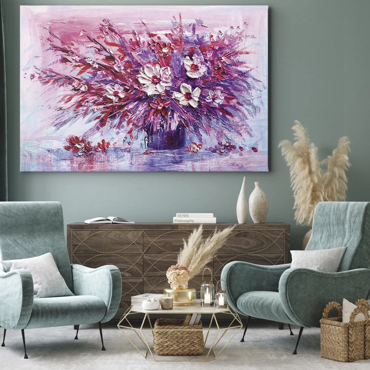 Obraz na plátně - Barevná kytice květin v odstínech růžové a fialové - 70x50cm - Nevinnost a vášeň - Moderní nástěnná dekorace do obývacího pokoje a ložnice ARTTOR