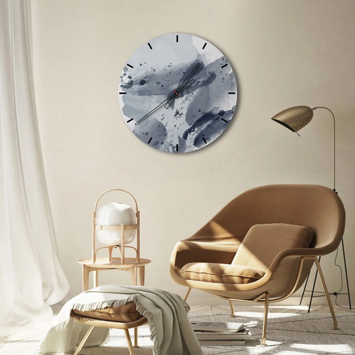 Nástěnné hodiny - Modrošedé skvrny ve stylu akvarelu na světlém pozadí - 30x30cm - Studie o povaze vody - Moderní nástěnná dekorace do obývacího pokoje, kuchyně a ložnice ARTTOR