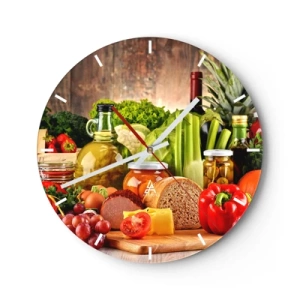 Nástěnné hodiny - Různé potravinářské výrobky na dřevěném pozadí - 30x30cm - Uzené, pečené, marinované - Moderní nástěnná dekorace do obývacího pokoje, kuchyně a ložnice ARTTOR