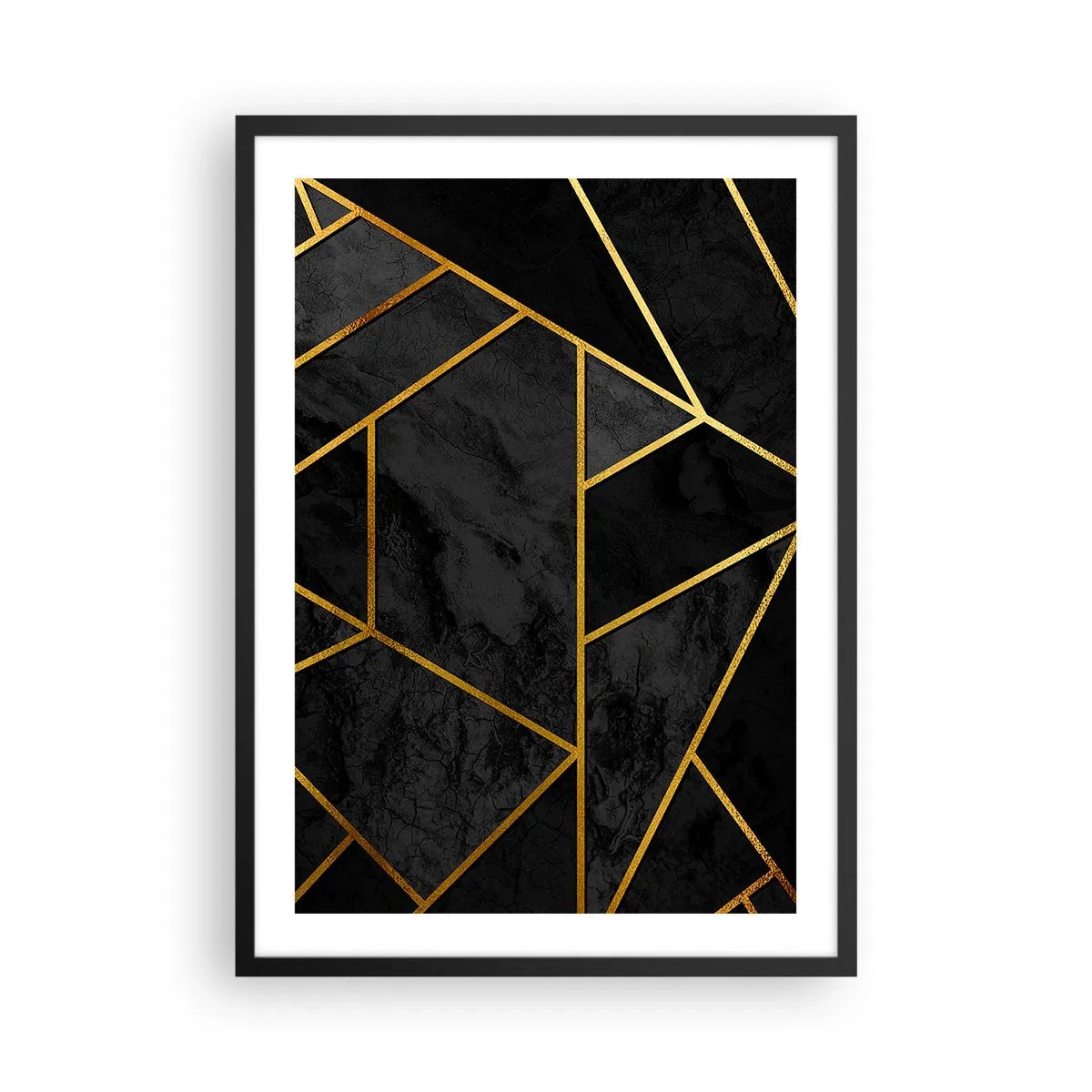 Plakát v černém rámu - Geometrické vzory ve zlaté barvě na černém pozadí - 50x70cm - Temnota a světlo - Moderní nástěnná dekorace do obývacího pokoje a ložnice ARTTOR