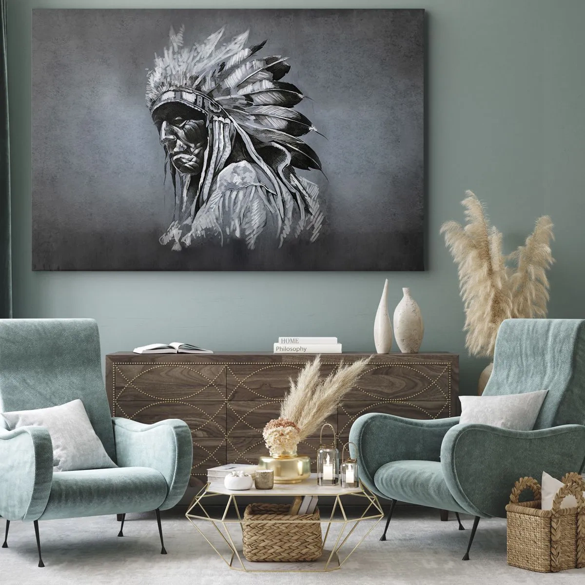 Obraz na plátně - Portrét indiánského náčelníka v tradiční čelence - 70x50cm - Návrat k základům - Moderní nástěnná dekorace do obývacího pokoje a ložnice ARTTOR