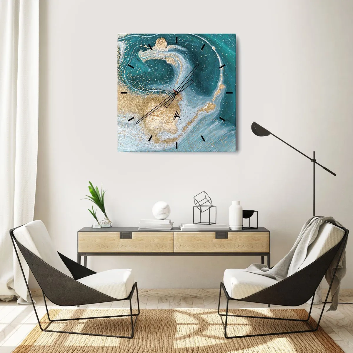 Nástěnné hodiny - Vír zlaté a tyrkysové - 40x40 cm