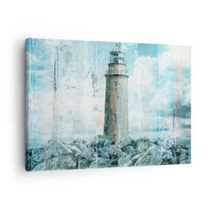 Obraz na plátně - Maják na skalnatém pobřeží v pastelových barvách - 70x50cm - Na starém dřevě - Moderní nástěnná dekorace do obývacího pokoje a ložnice ARTTOR
