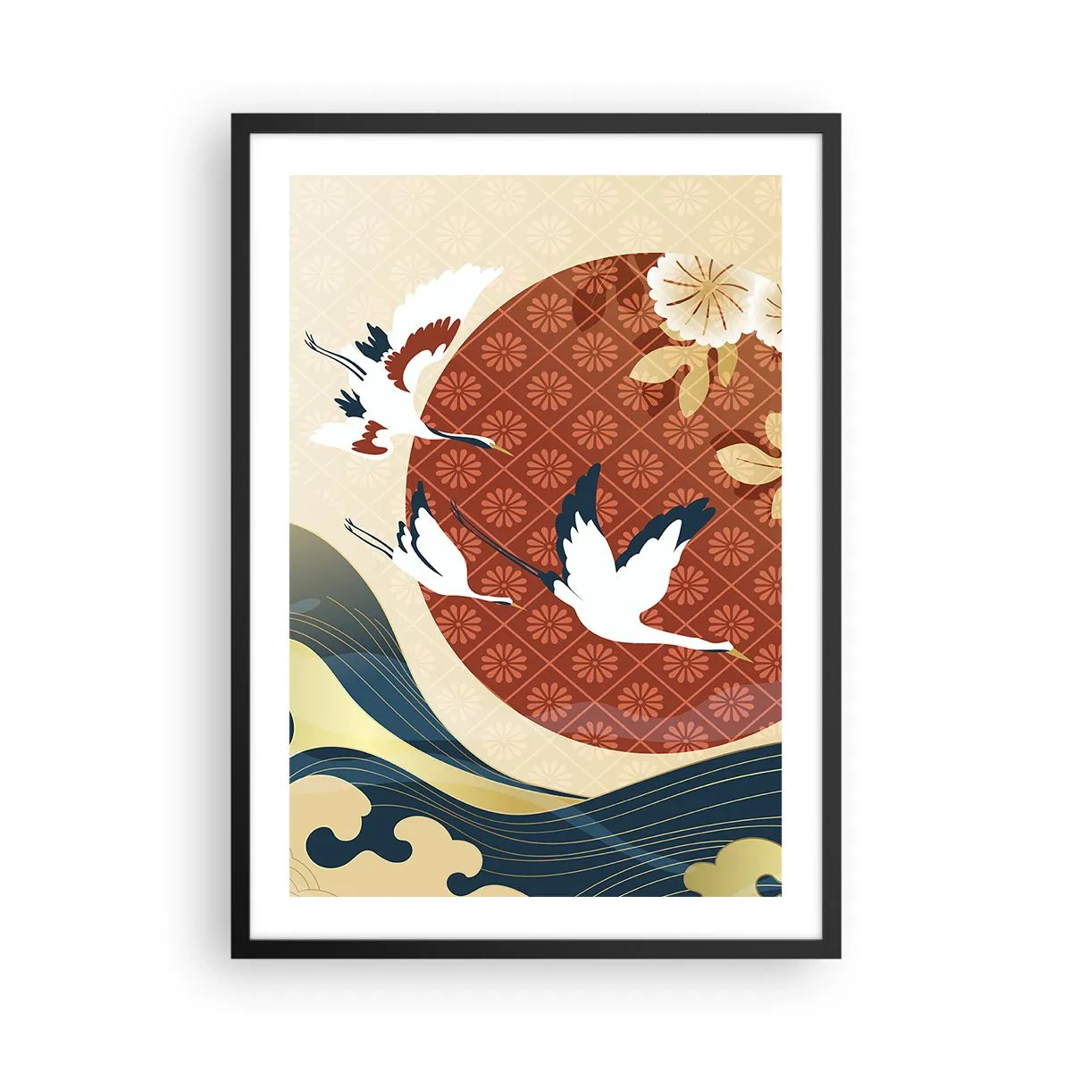 Plakát v černém rámu - Japonská kompozice s jeřáby, vlnami a červeným kruhem - 50x70cm - Japonská pohádka - Moderní nástěnná dekorace do obývacího pokoje a ložnice ARTTOR