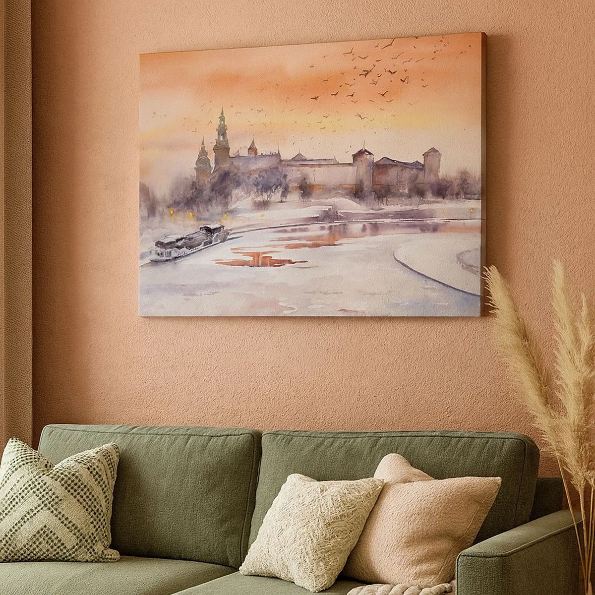 Obraz na plátně - Západ slunce nad hradem v zimní krajině - 70x50cm - Královský západ slunce - Moderní nástěnná dekorace do obývacího pokoje a ložnice ARTTOR