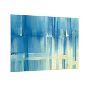Obraz na skle - Abstraktní tahy štětcem v tyrkysové a žluté barvě - 70x50cm - Kompozice v tyrkysu - Moderní nástěnná dekorace do obývacího pokoje a ložnice ARTTOR