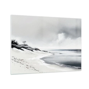 Obraz na skle - Černá a bílá pláž s horizontem a klidným mořem - 70x50cm - Vždycky spolu - Moderní nástěnná dekorace do obývacího pokoje a ložnice ARTTOR