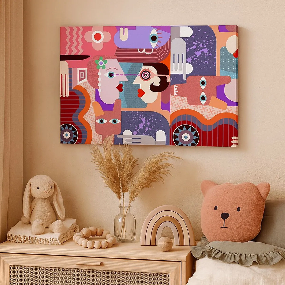 Obraz na plátně - Abstraktní postavy v živých barvách - 70x50cm - Tváří v tvář - Moderní nástěnná dekorace do obývacího pokoje a ložnice ARTTOR