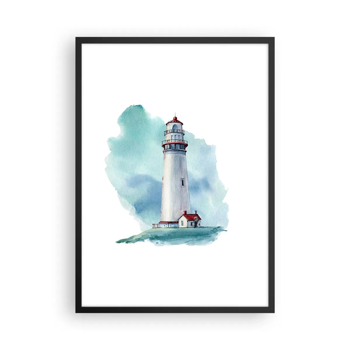 Plakát v černém rámu - Malířská ilustrace majáku obklopeného modrou oblohou. - 50x70cm - Něžná sestra blankytu - Moderní nástěnná dekorace do obývacího pokoje a ložnice ARTTOR