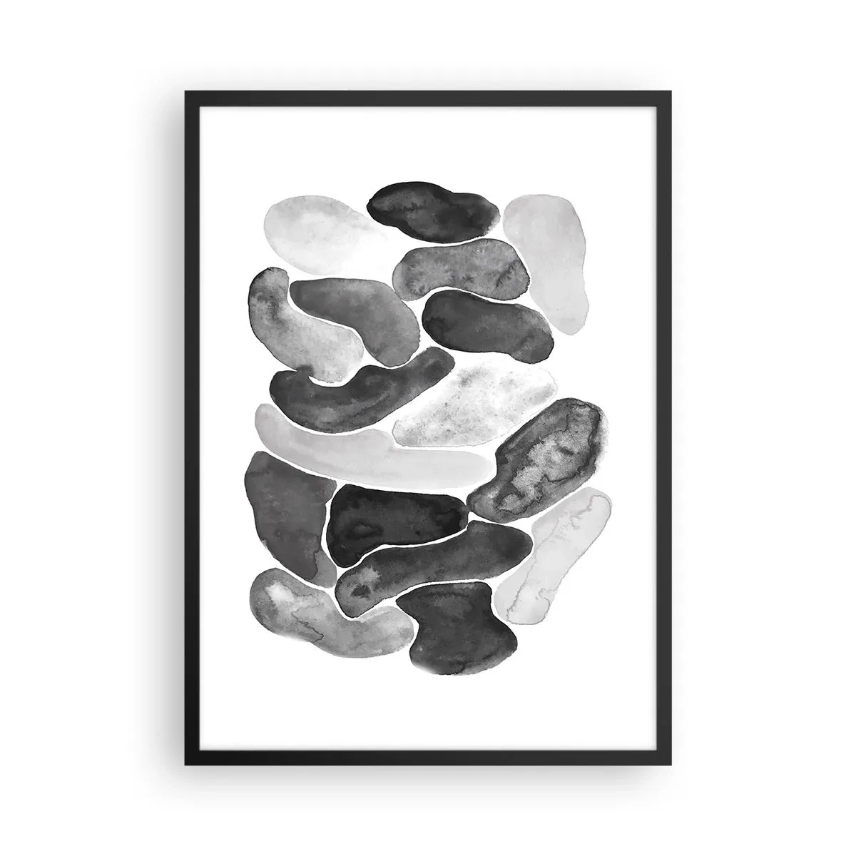Plakát v černém rámu - Abstraktní tvary v odstínech černé, šedé a bílé - 50x70cm - Kamenitá abstrakce - Moderní nástěnná dekorace do obývacího pokoje a ložnice ARTTOR